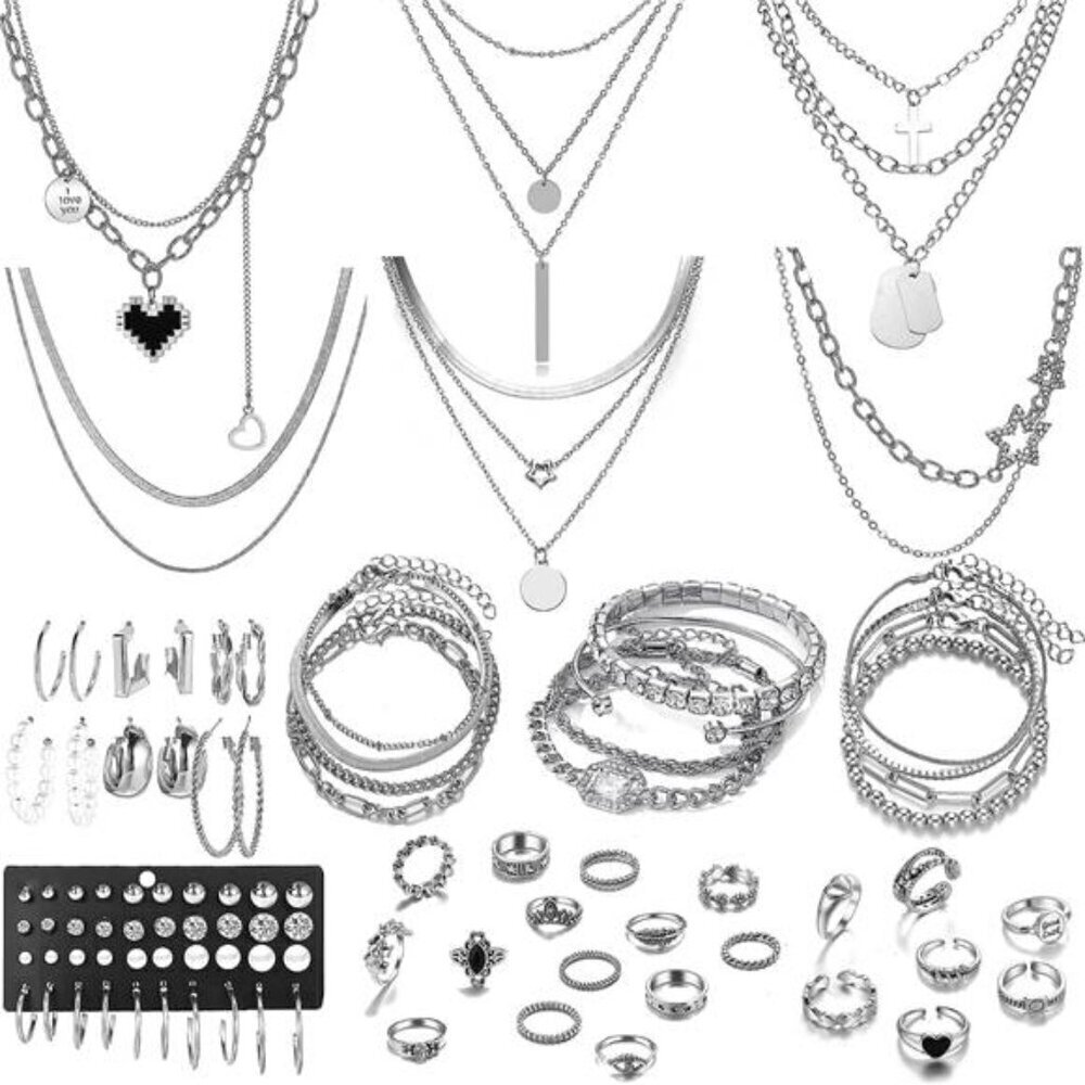 73 Pcs Gold Jewelry Set with 6Pcs Layered Necklace, 11 Pcs anklet and 7Pcs